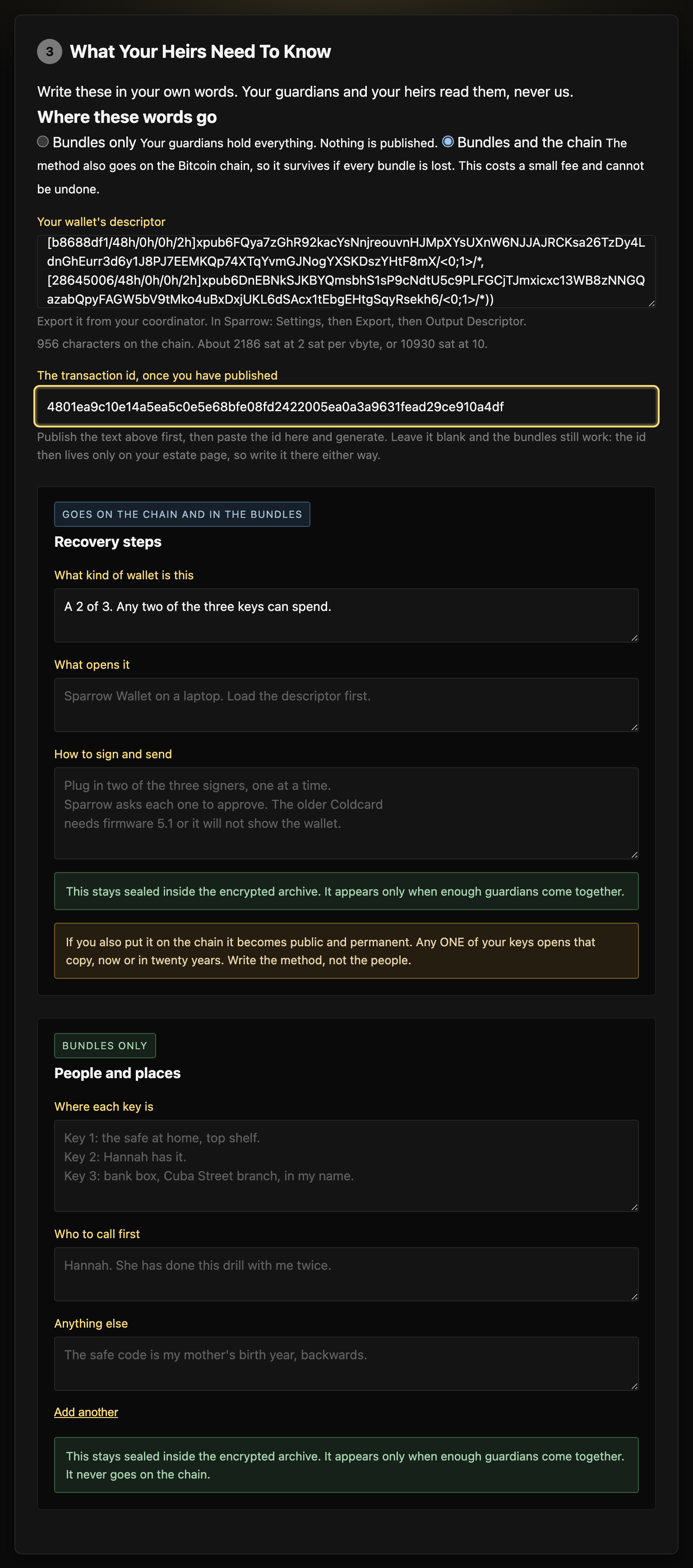Step 3 with the chain destination chosen, the descriptor pasted, its size and fee shown, and the transaction id filled in