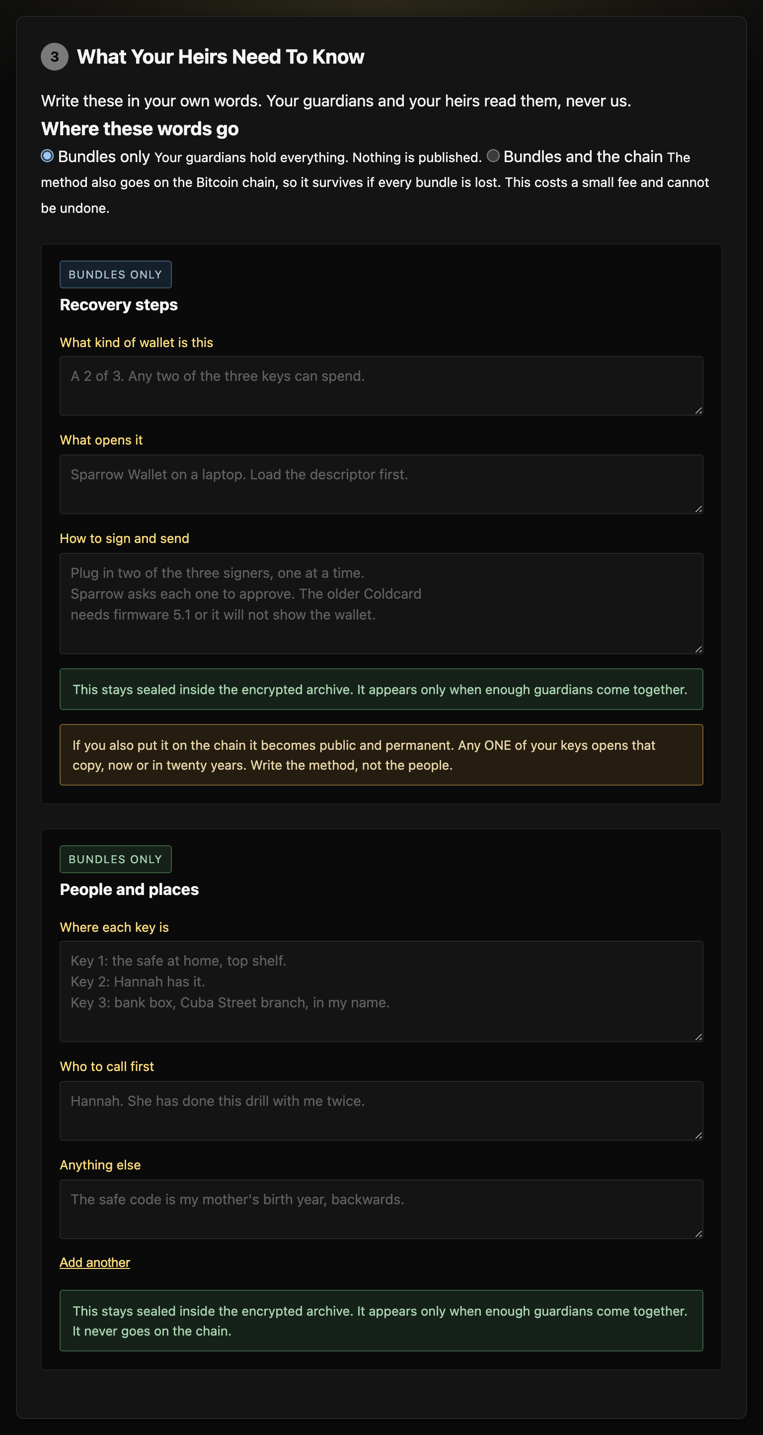 The step that asks what your heirs need to know, with example text in every box.