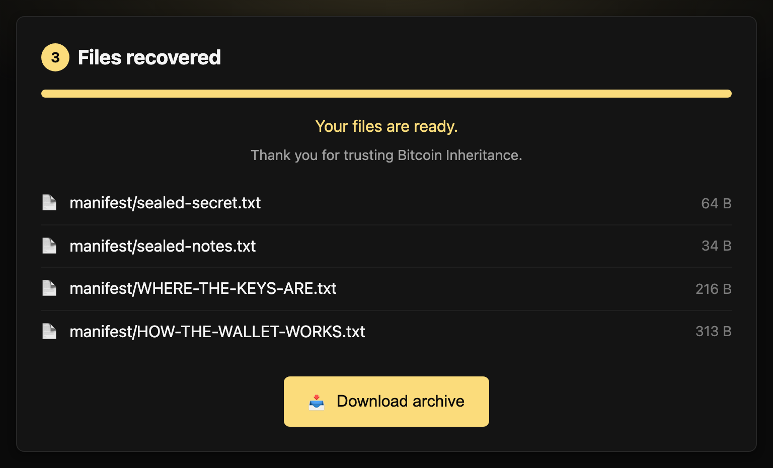 The recovery page after enough guardians combined, listing the owner's sealed files alongside their own