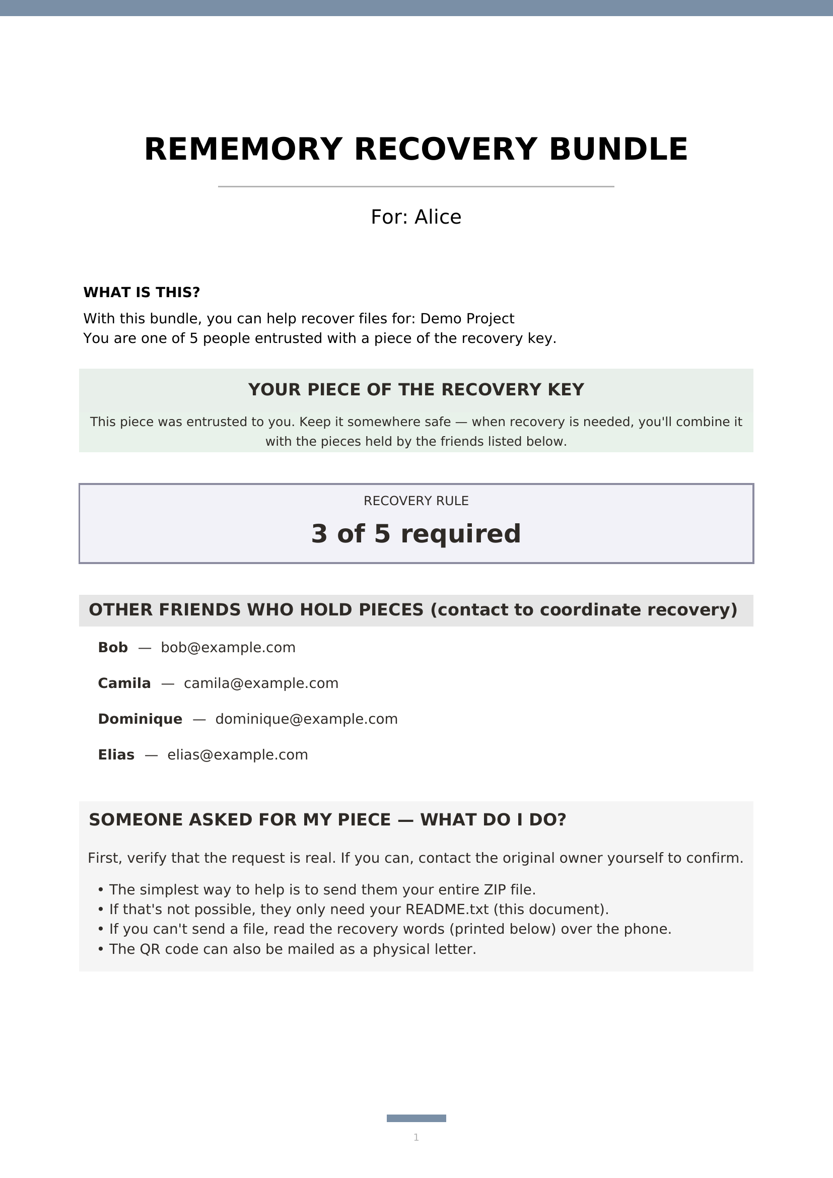 Example PDF from a bundle: recovery words, contact list, and instructions