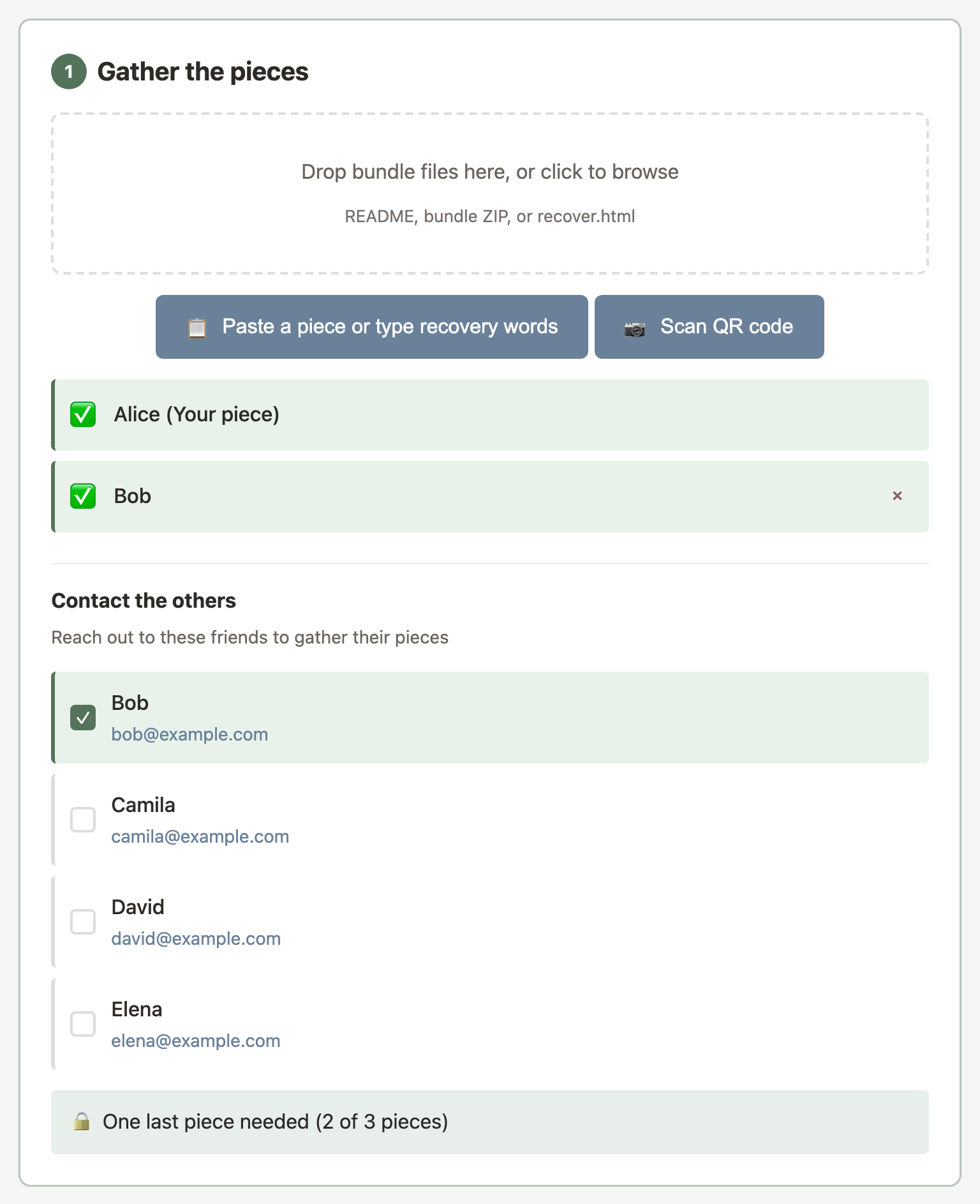 Recovery interface - collecting shares